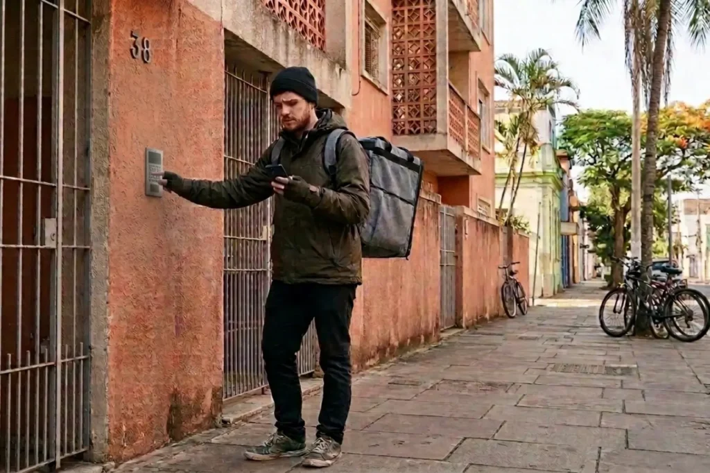 Entregador esperando em frente ao painel, sem resposta
