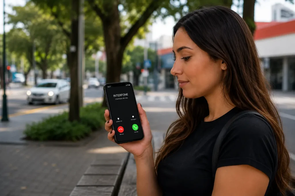 Interfone e porteiro eletrônico celular sendo atendido pelo morador