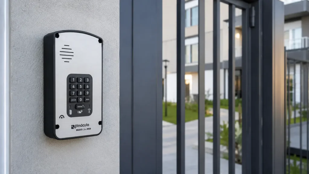 painel Bravo Slim instalado na entrada residencial, exemplo de quanto custa instalar interfone residencial sem fiação